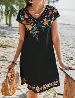 Sale Women's Mini Dress T Shirt Dress Tee Dress A Line Dress Summer Dress Vacation Casual Daily Regular Fit Floral Graphic Short Sleeve V Neck Summer Spring Women T Shirt Dresses