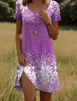 New Women's Mini Dress T Shirt Dress Tee Dress A Line Dress Summer Dress Casual Holiday Beach Regular Fit Floral Graphic Short Sleeve Crew Neck Blue Purple Green Dark Blue Summer Spring Women T Shirt Dresses