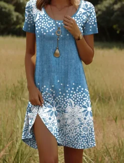 New Women's Mini Dress T Shirt Dress Tee Dress A Line Dress Summer Dress Casual Holiday Beach Regular Fit Floral Graphic Short Sleeve Crew Neck Blue Purple Green Dark Blue Summer Spring Women T Shirt Dresses