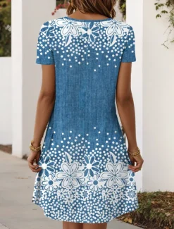 New Women's Mini Dress T Shirt Dress Tee Dress A Line Dress Summer Dress Casual Holiday Beach Regular Fit Floral Graphic Short Sleeve Crew Neck Blue Purple Green Dark Blue Summer Spring Women T Shirt Dresses