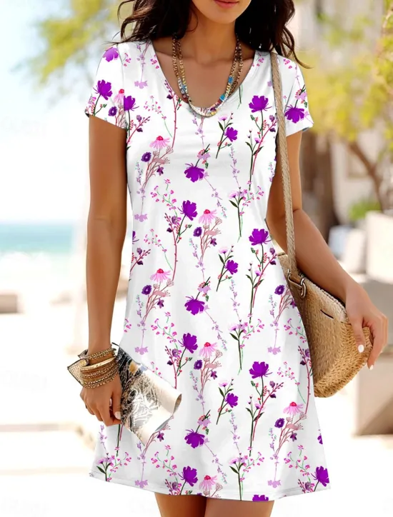 Sale Women's Mini Dress T Shirt Dress Tee Dress A Line Dress Summer Dress Casual Daily Regular Fit Floral Graphic Short Sleeve Crewneck Red Blue Purple Summer Spring Women T Shirt Dresses