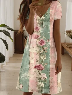 Women's Mini Dress T Shirt Dress Tee Dress Sundress A Line Dress Summer Dress Vacation Casual Daily Tea Party Going out Regular Fit Floral Graphic Short Sleeve V Neck Light Green Blue Sky Blue Light Women Casual Dress|Vacation Dresses