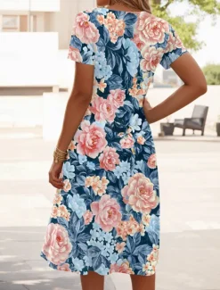 Women's Mini Dress T Shirt Dress Tee Dress Sundress A Line Dress Summer Dress Vacation Casual Daily Tea Party Going out Regular Fit Floral Graphic Short Sleeve V Neck Light Green Blue Sky Blue Light Women Casual Dress|Vacation Dresses
