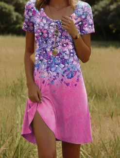 Sale Women's Mini Dress T Shirt Dress Tee Dress A Line Dress Summer Dress Casual Daily Regular Fit Floral Graphic Short Sleeve Crewneck Pink Blue Green Summer Spring Women Casual Dress|T Shirt Dresses