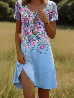 Sale Women's Mini Dress T Shirt Dress Tee Dress A Line Dress Summer Dress Casual Daily Regular Fit Floral Graphic Short Sleeve Crewneck Pink Blue Green Summer Spring Women Casual Dress|T Shirt Dresses