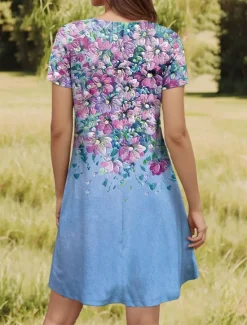 Sale Women's Mini Dress T Shirt Dress Tee Dress A Line Dress Summer Dress Casual Daily Regular Fit Floral Graphic Short Sleeve Crewneck Pink Blue Green Summer Spring Women Casual Dress|T Shirt Dresses