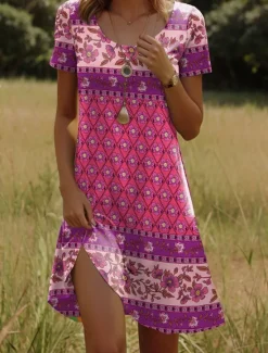 Women's Mini Dress T Shirt Dress Tee Dress Sundress Shift Dress Vacation Casual Boho Party Beach Regular Fit Floral Graphic Tribal Short Sleeve Crewneck Yellow Dark Pink Red Blue Summer Spring Women Casual Dress|Vacation Dresses