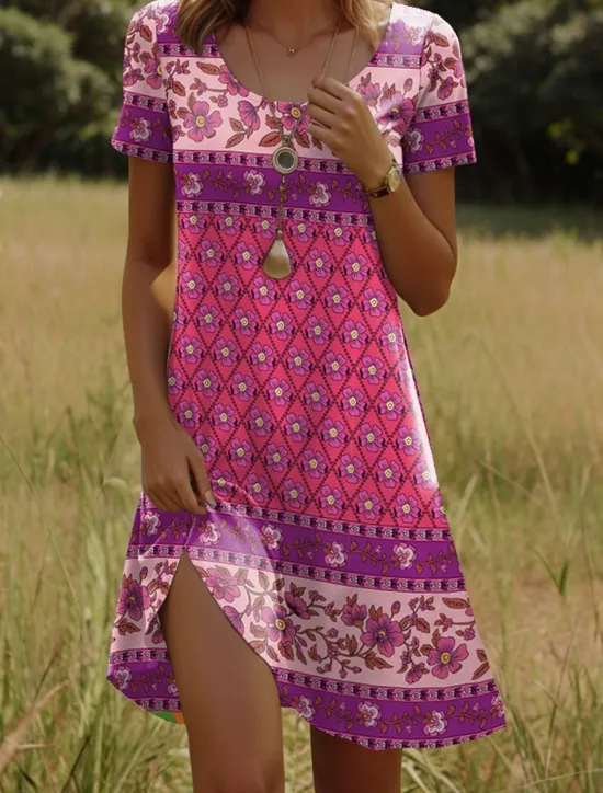 Women's Mini Dress T Shirt Dress Tee Dress Sundress Shift Dress Vacation Casual Boho Party Beach Regular Fit Floral Graphic Tribal Short Sleeve Crewneck Yellow Dark Pink Red Blue Summer Spring Women Casual Dress|Vacation Dresses