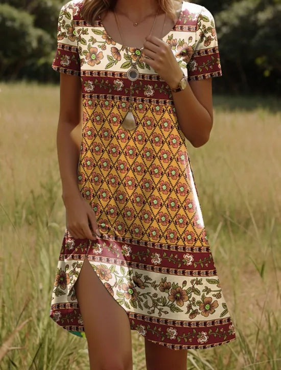 Women's Mini Dress T Shirt Dress Tee Dress Sundress Shift Dress Vacation Casual Boho Party Beach Regular Fit Floral Graphic Tribal Short Sleeve Crewneck Yellow Dark Pink Red Blue Summer Spring Women Casual Dress|Vacation Dresses
