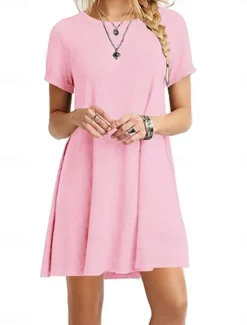 Discount Women's Mini Dress T Shirt Dress Tee Dress Solid Color Vacation Casual Daily Regular Fit Graphic Short Sleeve Notched Neck Black Pink Army Green Gray Summer Women Casual Dress|T Shirt Dresses