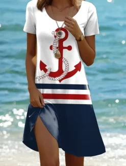 Women's Mini Dress T Shirt Dress Tee Dress Shift Dress Formal Vacation Daily Regular Fit Graphic Stripe Sea Short Sleeve Crewneck Summer Spring Women T Shirt Dresses|Vacation Dresses