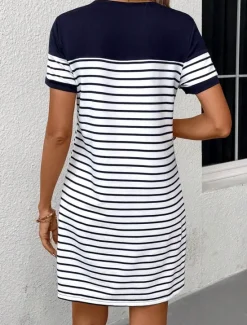Clearance Women's Mini Dress T Shirt Dress Tee Dress Shift Dress Summer Dress Formal Work Regular Fit Graphic Stripe Short Sleeve Crew Neck Navy Blue Gray Summer Spring Women Sundresses