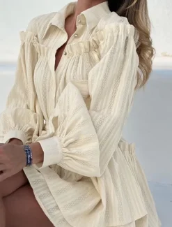Hot Women's Mini Dress T Shirt Dress Tee Dress Vacation Party Birthday Party Cocktail Party Going out Regular Fit Solid Color Long Sleeve Turndown Summer Spring Fall Women Dresses|Vacation Dresses