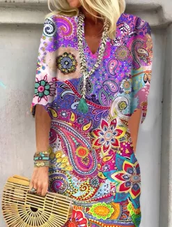 New Women's Mini Dress T Shirt Dress Shift Dress Summer Dress Print Dress Active Fashion Streetwear Outdoor Vacation Work Regular Fit Floral Paisley Half Sleeve V Neck Red Blue Women Spring Dresses