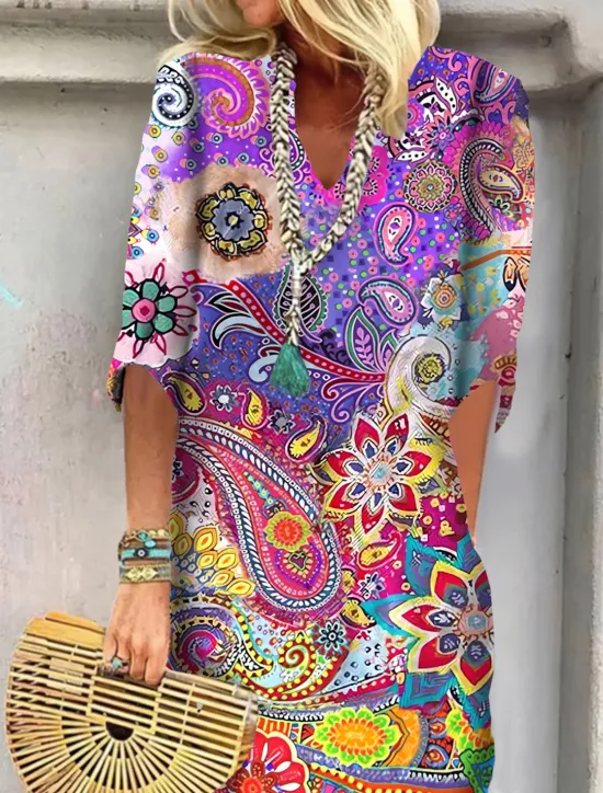 New Women's Mini Dress T Shirt Dress Shift Dress Summer Dress Print Dress Active Fashion Streetwear Outdoor Vacation Work Regular Fit Floral Paisley Half Sleeve V Neck Red Blue Women Spring Dresses