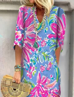 New Women's Mini Dress T Shirt Dress Shift Dress Summer Dress Print Dress Active Fashion Streetwear Outdoor Vacation Work Regular Fit Floral Paisley Half Sleeve V Neck Red Blue Women Spring Dresses