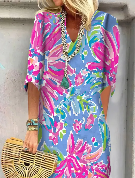 New Women's Mini Dress T Shirt Dress Shift Dress Summer Dress Print Dress Active Fashion Streetwear Outdoor Vacation Work Regular Fit Floral Paisley Half Sleeve V Neck Red Blue Women Spring Dresses