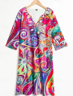 New Women's Mini Dress T Shirt Dress Shift Dress Summer Dress Print Dress Active Fashion Streetwear Outdoor Vacation Work Regular Fit Floral Paisley Half Sleeve V Neck Red Blue Women Spring Dresses