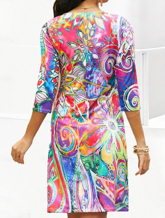 New Women's Mini Dress T Shirt Dress Shift Dress Summer Dress Print Dress Active Fashion Streetwear Outdoor Vacation Work Regular Fit Floral Paisley Half Sleeve V Neck Red Blue Women Spring Dresses