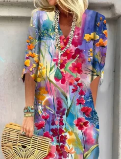 New Women's Mini Dress T Shirt Dress Shift Dress Summer Dress Print Dress Active Fashion Streetwear Outdoor Vacation Work Regular Fit Floral Paisley Half Sleeve V Neck Red Blue Women Spring Dresses