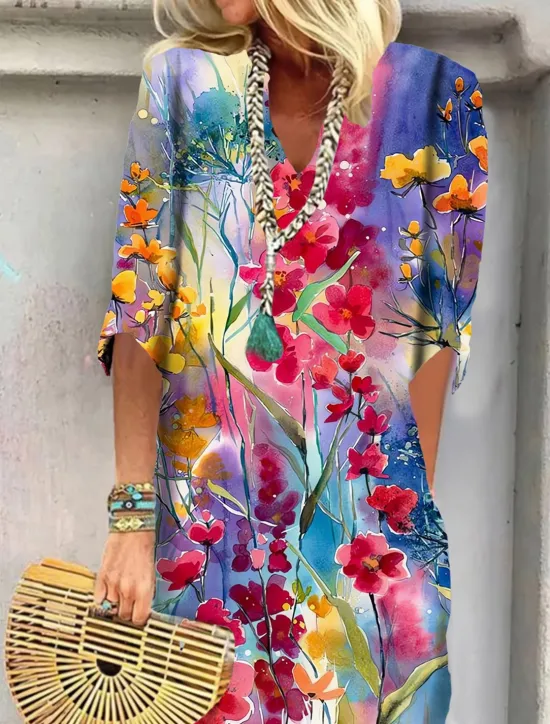 New Women's Mini Dress T Shirt Dress Shift Dress Summer Dress Print Dress Active Fashion Streetwear Outdoor Vacation Work Regular Fit Floral Paisley Half Sleeve V Neck Red Blue Women Spring Dresses