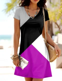 Outlet Women's Mini Dress T Shirt Dress Tee Dress A Line Dress Summer Dress Casual Daily Regular Fit Graphic Geometric Color Block Short Sleeve Crewneck Red Blue Purple Gray Summer Spring Women T Shirt Dresses