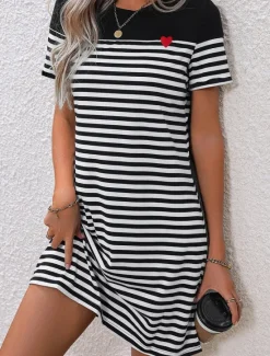 Clearance Women's Mini Dress T Shirt Dress Tee Dress Stylish Casual Vacation Daily Regular Fit Stripe Short Sleeve Crew Neck Summer Women T Shirt Dresses
