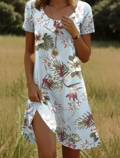 Outlet Women's Mini Dress T Shirt Dress Tee Dress Sundress A Line Dress Summer Dress Vacation Casual Beach Daily Beach Loose Fit Ombre Floral Graphic Short Sleeve Crew Neck Red Blue Sky Blue Green Summer Women T Shirt Dresses