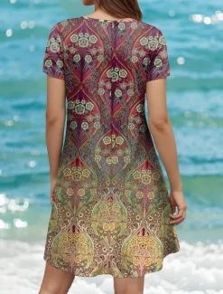 New Women's Mini Dress T Shirt Dress Tee Dress A Line Dress Summer Dress Casual Daily Regular Fit Graphic Paisley Short Sleeve Crewneck Pink Red Blue Summer Spring Women T Shirt Dresses