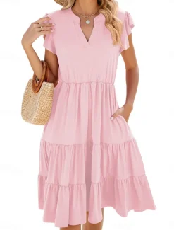 Best Women's Mini Dress T Shirt Dress Tee Dress A Line Dress Solid Color Athletic Dress Casual Vacation Daily Regular Fit Plain Short Sleeve V Neck Black Pink Wine Dark Green Summer Women T Shirt Dresses