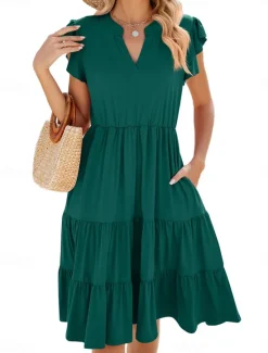 Best Women's Mini Dress T Shirt Dress Tee Dress A Line Dress Solid Color Athletic Dress Casual Vacation Daily Regular Fit Plain Short Sleeve V Neck Black Pink Wine Dark Green Summer Women T Shirt Dresses