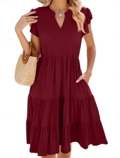 Best Women's Mini Dress T Shirt Dress Tee Dress A Line Dress Solid Color Athletic Dress Casual Vacation Daily Regular Fit Plain Short Sleeve V Neck Black Pink Wine Dark Green Summer Women T Shirt Dresses