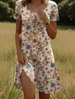 Sale Women's Mini Dress T Shirt Dress Tee Dress A Line Dress Summer Dress Casual Holiday Beach Regular Fit Floral Graphic Short Sleeve Crew Neck Red Light Brown Blue Orange Summer Spring Women T Shirt Dresses