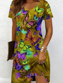 Women's Mini Dress T Shirt Dress Tee Dress A Line Dress Summer Dress Vacation Casual Holiday Regular Fit Floral Graphic Animal Short Sleeve Crew Neck Yellow Red Blue Purple Summer Spring Women T Shirt Dresses