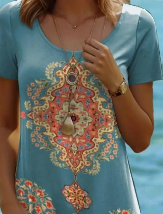 Clearance Women's Mini Dress Vintage Dress Casual Dress Boho Chic Dresses Bohemia Vacation Vintage Vacation Daily Regular Fit Geometric Paisley Boho Paisley Damask Short Sleeve Crew Neck Pink Red Blue Green Women T Shirt Dresses