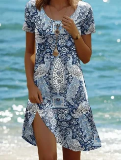 Clearance Women's Mini Dress Vintage Dress Casual Dress Boho Chic Dresses Bohemia Vacation Vintage Vacation Daily Regular Fit Geometric Paisley Boho Paisley Damask Short Sleeve Crew Neck Pink Red Blue Green Women T Shirt Dresses