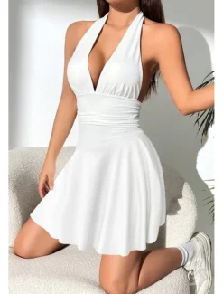 Outlet Women's Mini Dress White Dress Graduation Dress Fashion Outdoor Birthday Graduation Regular Fit Plain Sleeveless Halter Neck Black White Red Summer Women White Dresses
