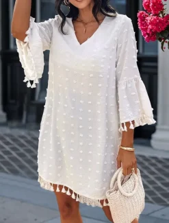 New Women's Mini Dress White Dress Casual Flared Sleeve Vacation Daily Loose Fit 3/4 Length Sleeve V Neck White Light Green Summer Women White Dresses