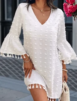 New Women's Mini Dress White Dress Casual Flared Sleeve Vacation Daily Loose Fit 3/4 Length Sleeve V Neck White Light Green Summer Women White Dresses