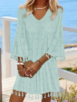 New Women's Mini Dress White Dress Casual Flared Sleeve Vacation Daily Loose Fit 3/4 Length Sleeve V Neck White Light Green Summer Women White Dresses