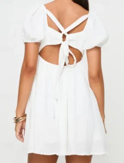 Online Women's Mini Dress Dress Casual Dress Fashion Modern Puff Sleeve Outdoor Vacation Daily Regular Fit Plain Short Sleeve Square Neck Summer Women White Dresses