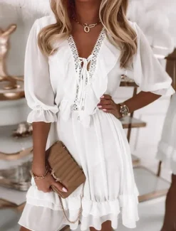 New Women's Mini Dress Dress Casual Dress Summer Dress Plain Dress Vintage Streetwear Vacation Street Holiday Loose Fit Plain Half Sleeve V Neck Summer Women White Dresses