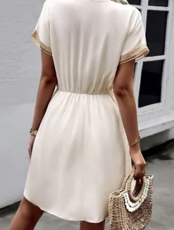 Women's Mini Dress White Dress White Lace Dress with Sleeves Sundress Casual Vacation Daily Loose Fit Solid Color Short Sleeve V Neck Dark Green Beige Summer Spring Women White Dresses