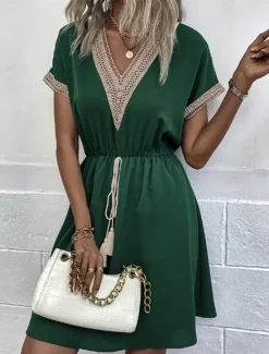 Women's Mini Dress White Dress White Lace Dress with Sleeves Sundress Casual Vacation Daily Loose Fit Solid Color Short Sleeve V Neck Dark Green Beige Summer Spring Women White Dresses