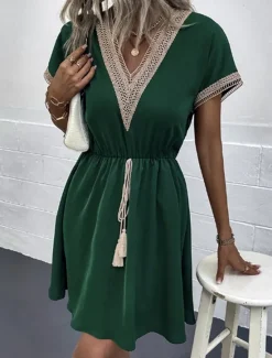 Women's Mini Dress White Dress White Lace Dress with Sleeves Sundress Casual Vacation Daily Loose Fit Solid Color Short Sleeve V Neck Dark Green Beige Summer Spring Women White Dresses