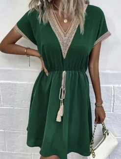 Women's Mini Dress White Dress White Lace Dress with Sleeves Sundress Casual Vacation Daily Loose Fit Solid Color Short Sleeve V Neck Dark Green Beige Summer Spring Women White Dresses