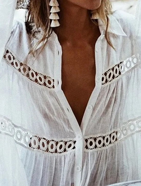 Discount Women's Mini Dress Dress Lace Dress Shirt Dress Casual Dress Streetwear Vacation Street Holiday Loose Fit Long Sleeve Shirt Collar Summer Spring Women White Dresses