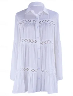 Discount Women's Mini Dress Dress Lace Dress Shirt Dress Casual Dress Streetwear Vacation Street Holiday Loose Fit Long Sleeve Shirt Collar Summer Spring Women White Dresses