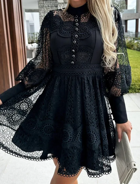 Outlet Women's Mini Dress White Dress Lace Dress Casual Dress A Line Dress Streetwear A Line Street Date Regular Fit Long Sleeve Stand Collar Black White Summer Women White Dresses