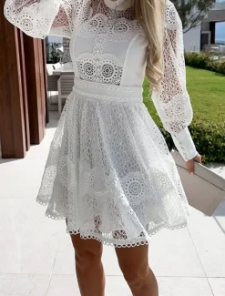 Outlet Women's Mini Dress White Dress Lace Dress Casual Dress A Line Dress Streetwear A Line Street Date Regular Fit Long Sleeve Stand Collar Black White Summer Women White Dresses